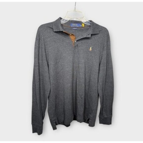 Polo Ralph Lauren Mens Medium Classic Fit Long Sleeve Polo Shirt Gray Suede Trim - Picture 1 of 4